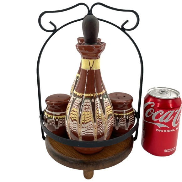 Bohemian Oil & Vingar Caddy w/Salt & Pepper Shakers with Drip Glaze NWOT - Picture 2 of 12